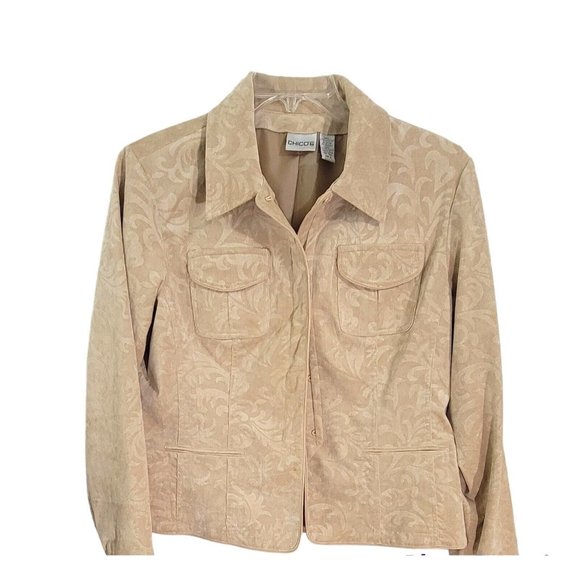 Chico's Womens Corduroy Cord Jacket Embossed Light Khaki w/ Front Pockets Size 2 - Picture 1 of 13